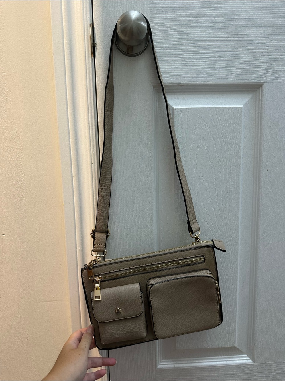 Poppy & Peonies Taupe Pebbled Leather Messenger Bag with Front Pockets
